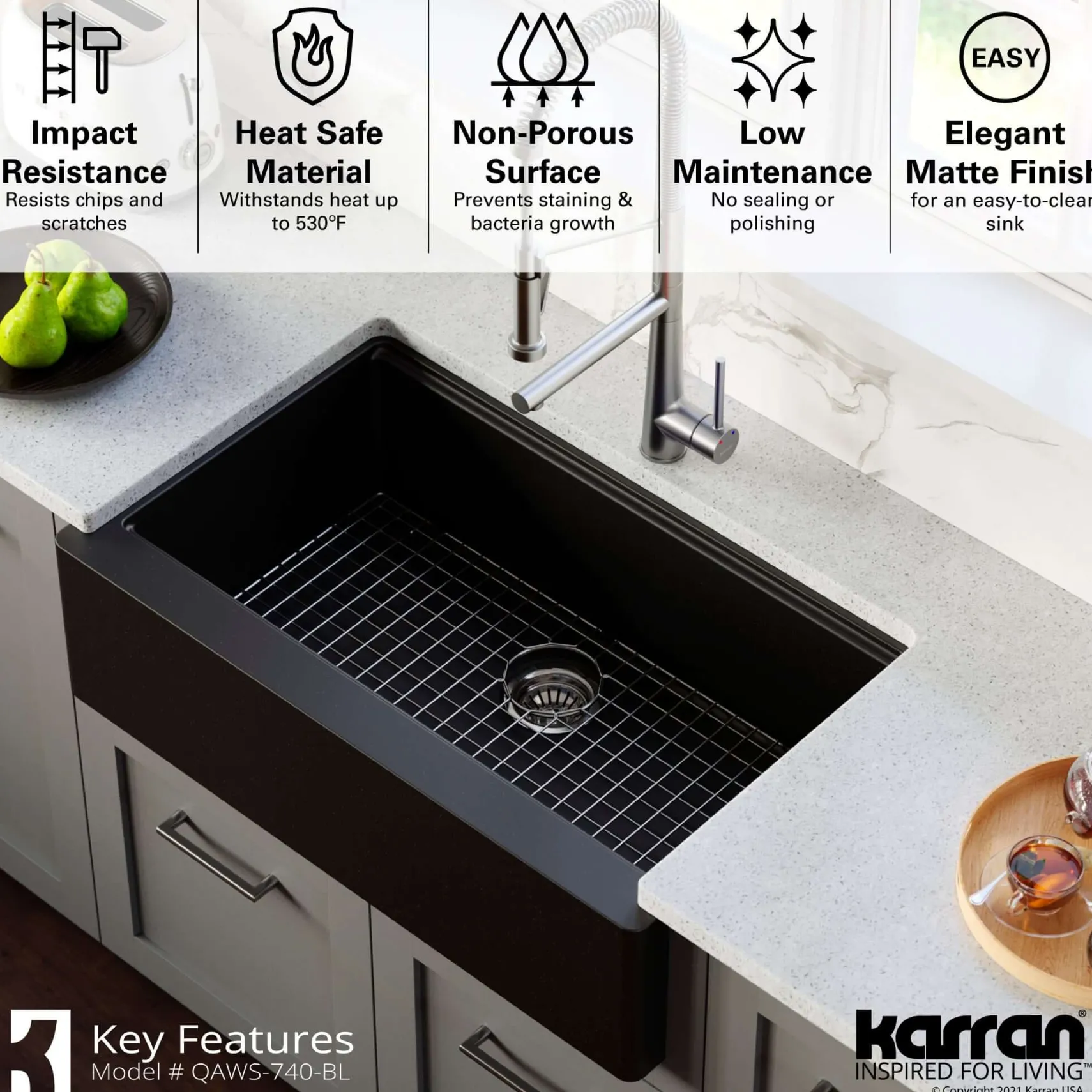 Karran 34" Quartz Composite Workstation Farmhouse Sink with Accessories, Black, QAWS-740-BL