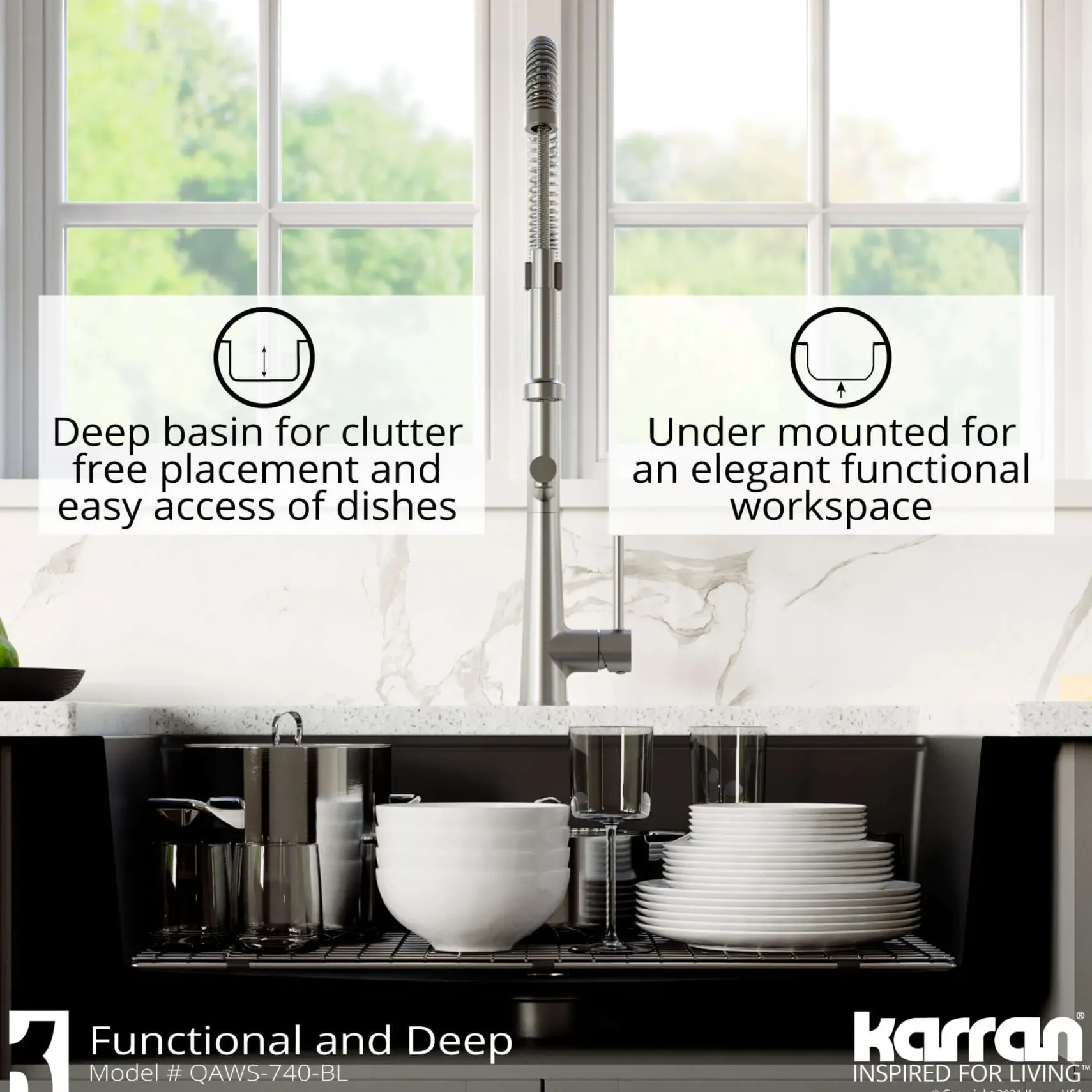 Karran 34" Quartz Composite Workstation Farmhouse Sink with Accessories, Black, QAWS-740-BL