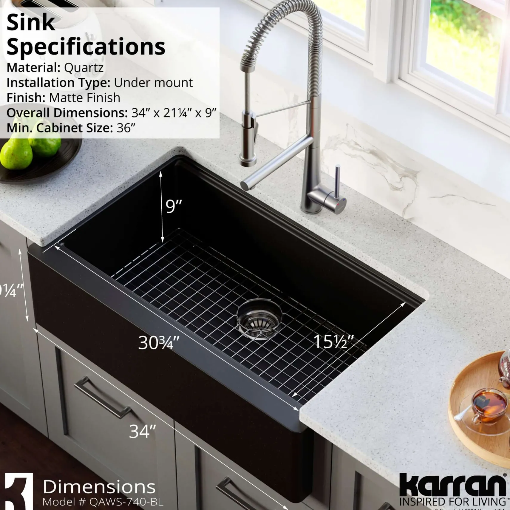 Karran 34" Quartz Composite Workstation Farmhouse Sink with Accessories, Black, QAWS-740-BL