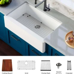 Karran 34" Quartz Composite Workstation Farmhouse Sink with Accessories, White, QAWS-740-WH