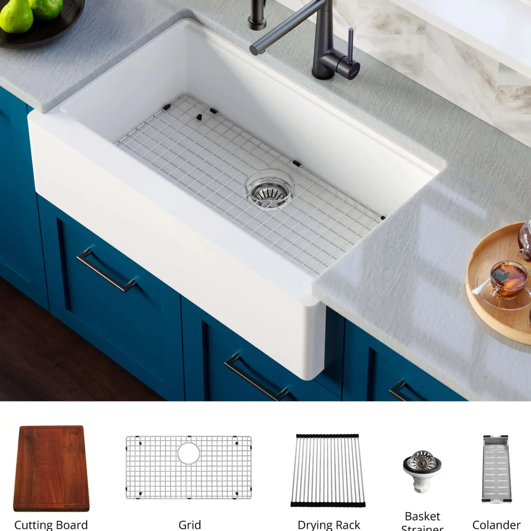 Karran 34" Quartz Composite Workstation Farmhouse Sink with Accessories, White, QAWS-740-WH