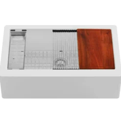 Karran 34" Quartz Composite Workstation Farmhouse Sink with Accessories, White, QAWS-740-WH