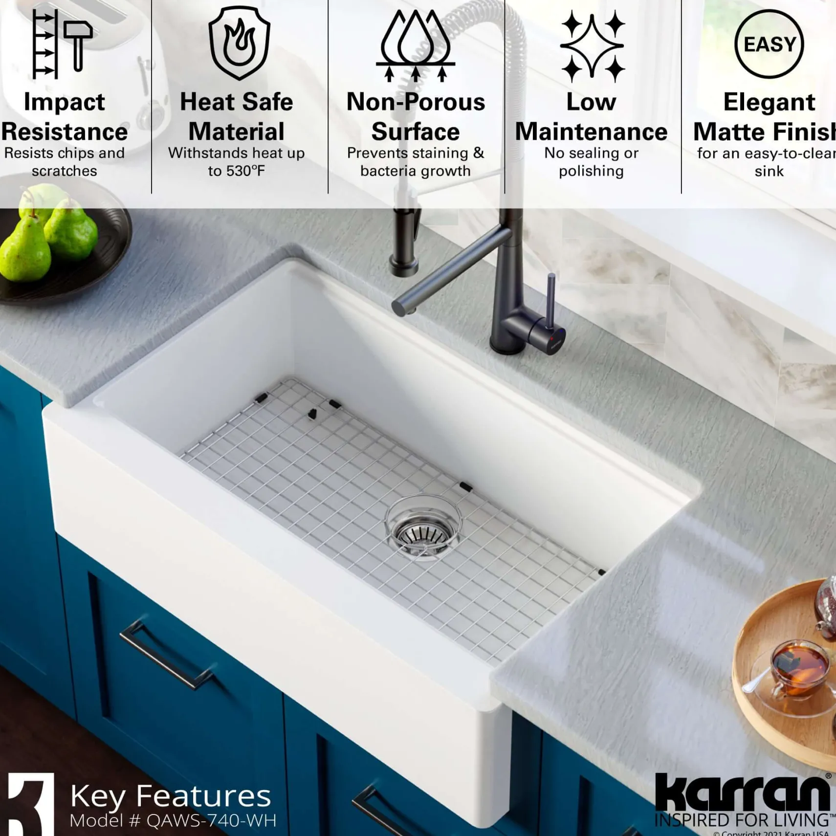 Karran 34" Quartz Composite Workstation Farmhouse Sink with Accessories, White, QAWS-740-WH