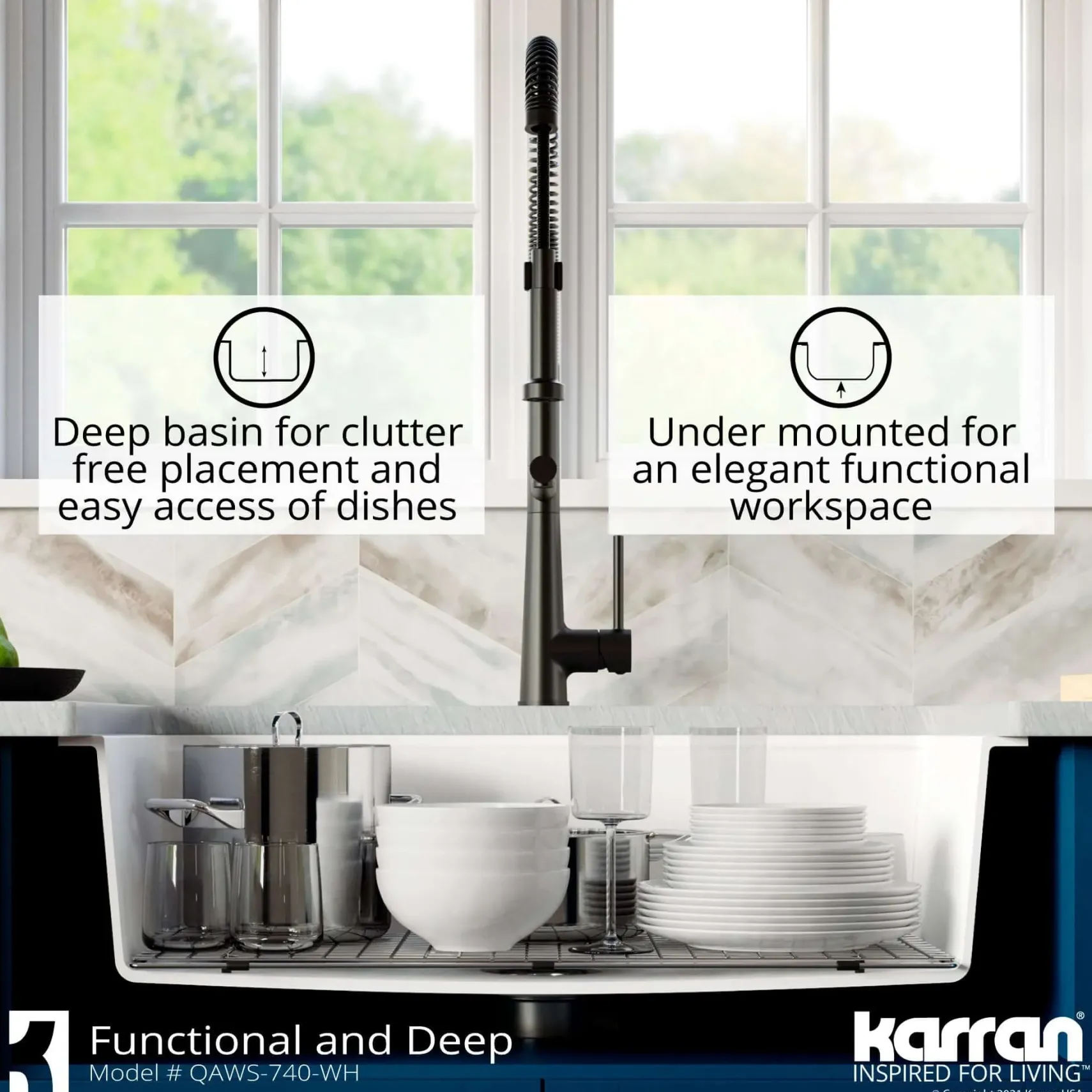 Karran 34" Quartz Composite Workstation Farmhouse Sink with Accessories, White, QAWS-740-WH