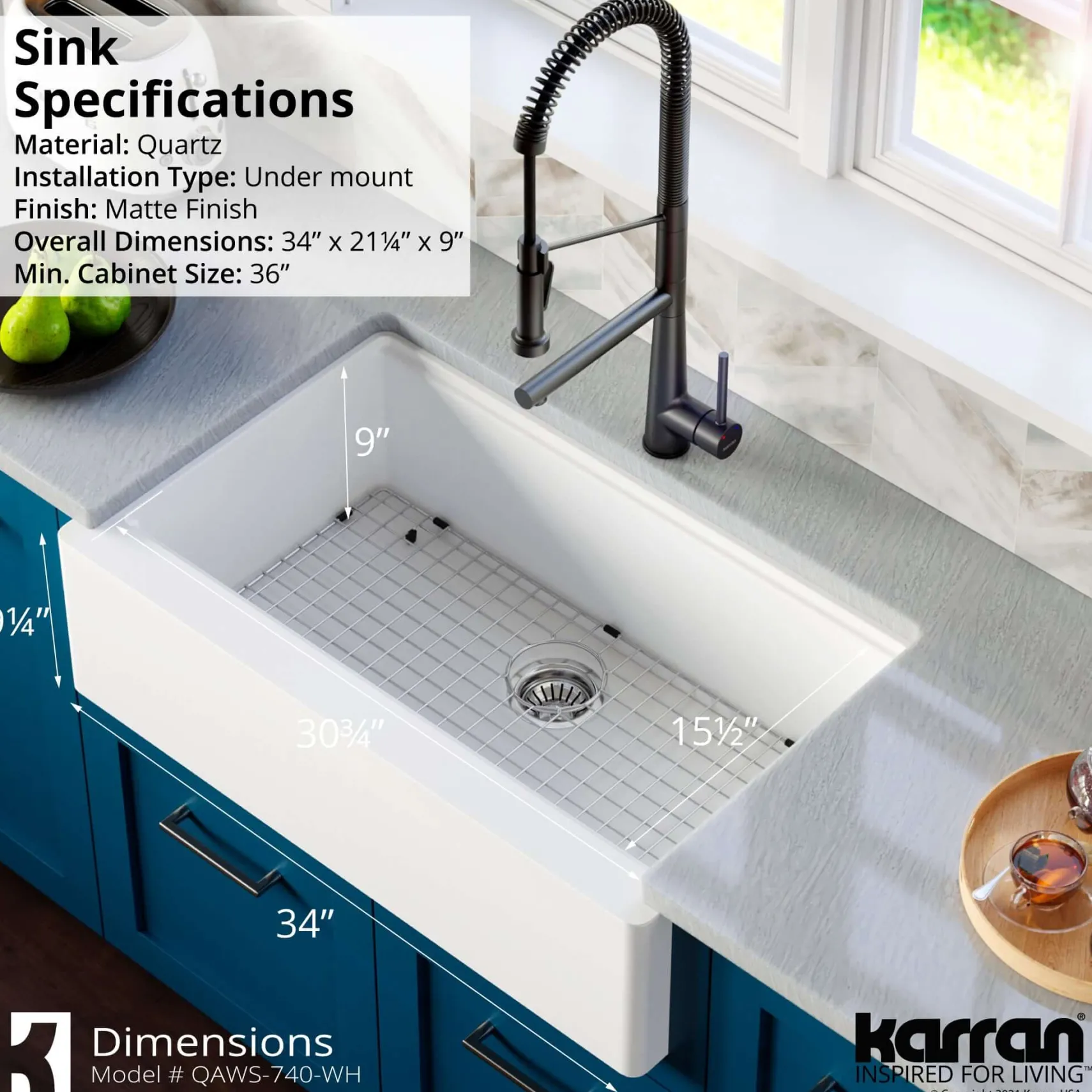 Karran 34" Quartz Composite Workstation Farmhouse Sink with Accessories, White, QAWS-740-WH