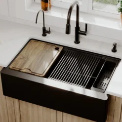 Karran 34" Quartz Composite Workstation Farmhouse Sink, Black, QAWS-740-BL-PK2