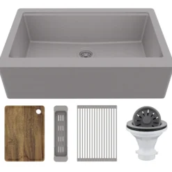 Karran 34" Quartz Composite Workstation Farmhouse Sink, Grey, QAWS-740-GR-PK2