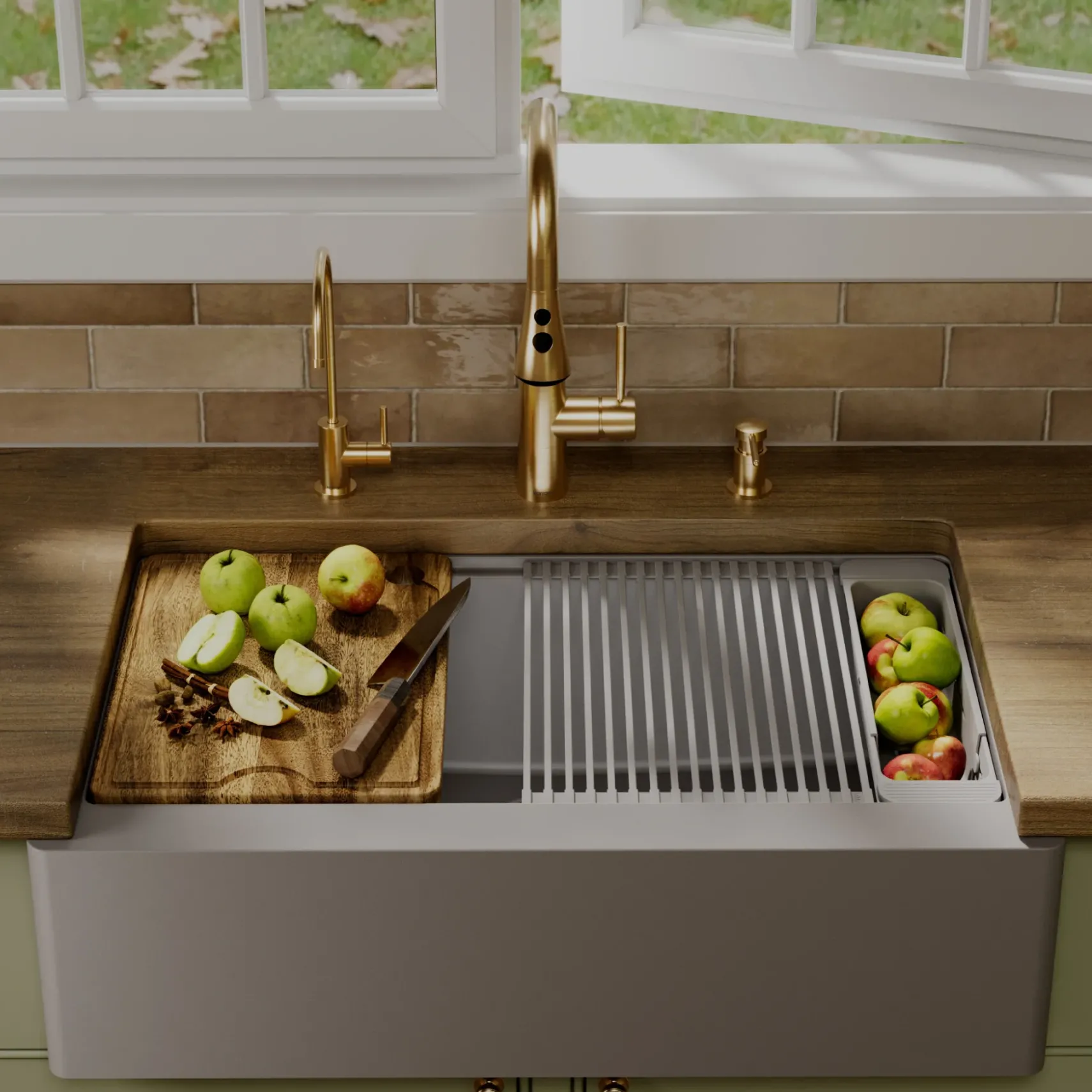 Karran 34" Quartz Composite Workstation Farmhouse Sink, Grey, QAWS-740-GR-PK2