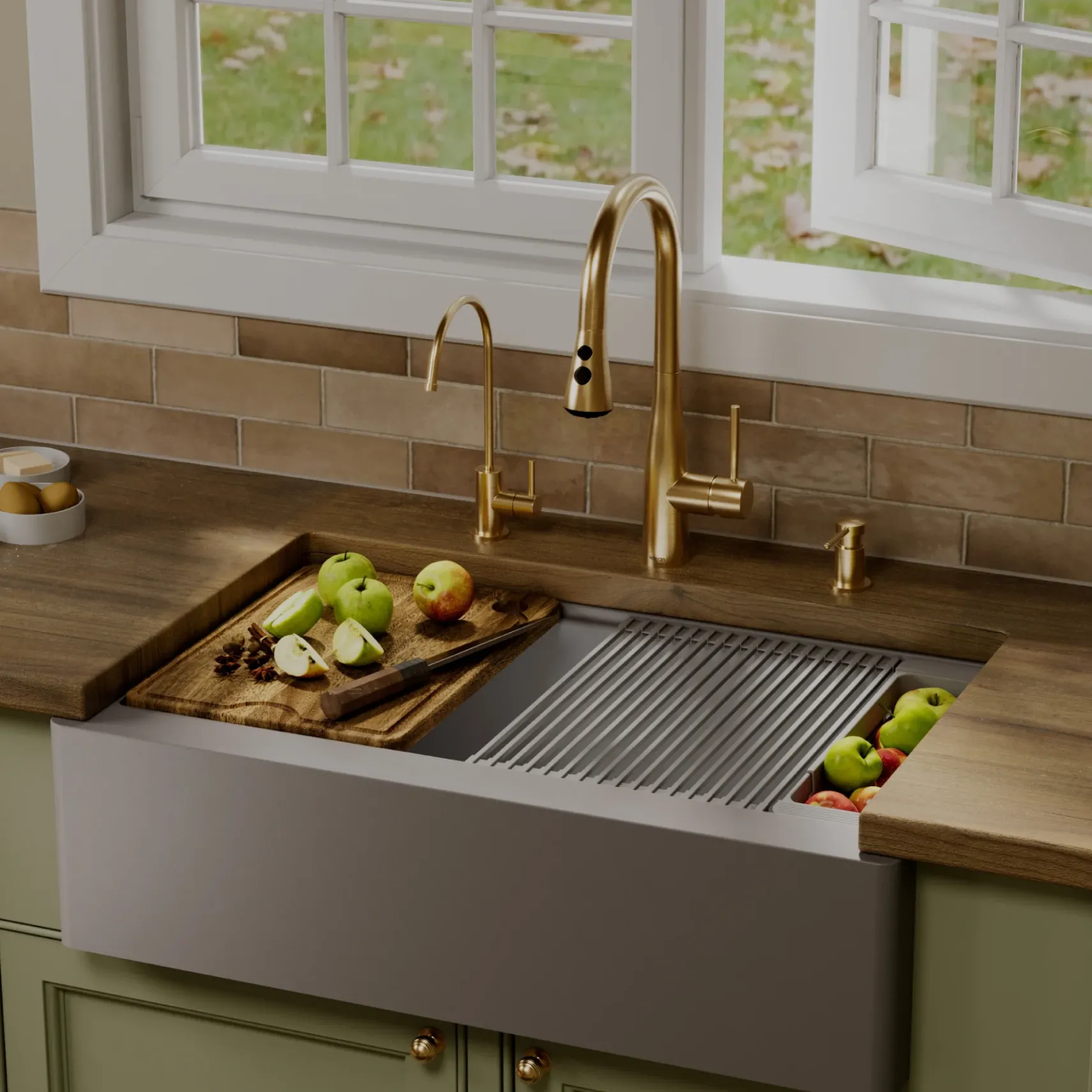 Karran 34" Quartz Composite Workstation Farmhouse Sink, Grey, QAWS-740-GR-PK2