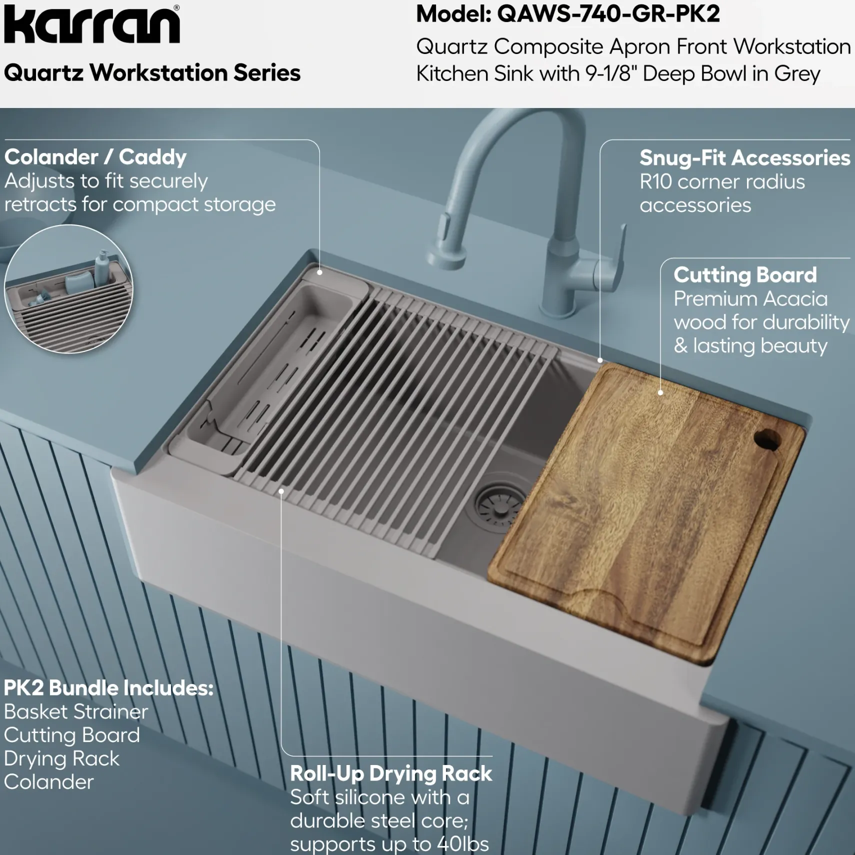 Karran 34" Quartz Composite Workstation Farmhouse Sink, Grey, QAWS-740-GR-PK2