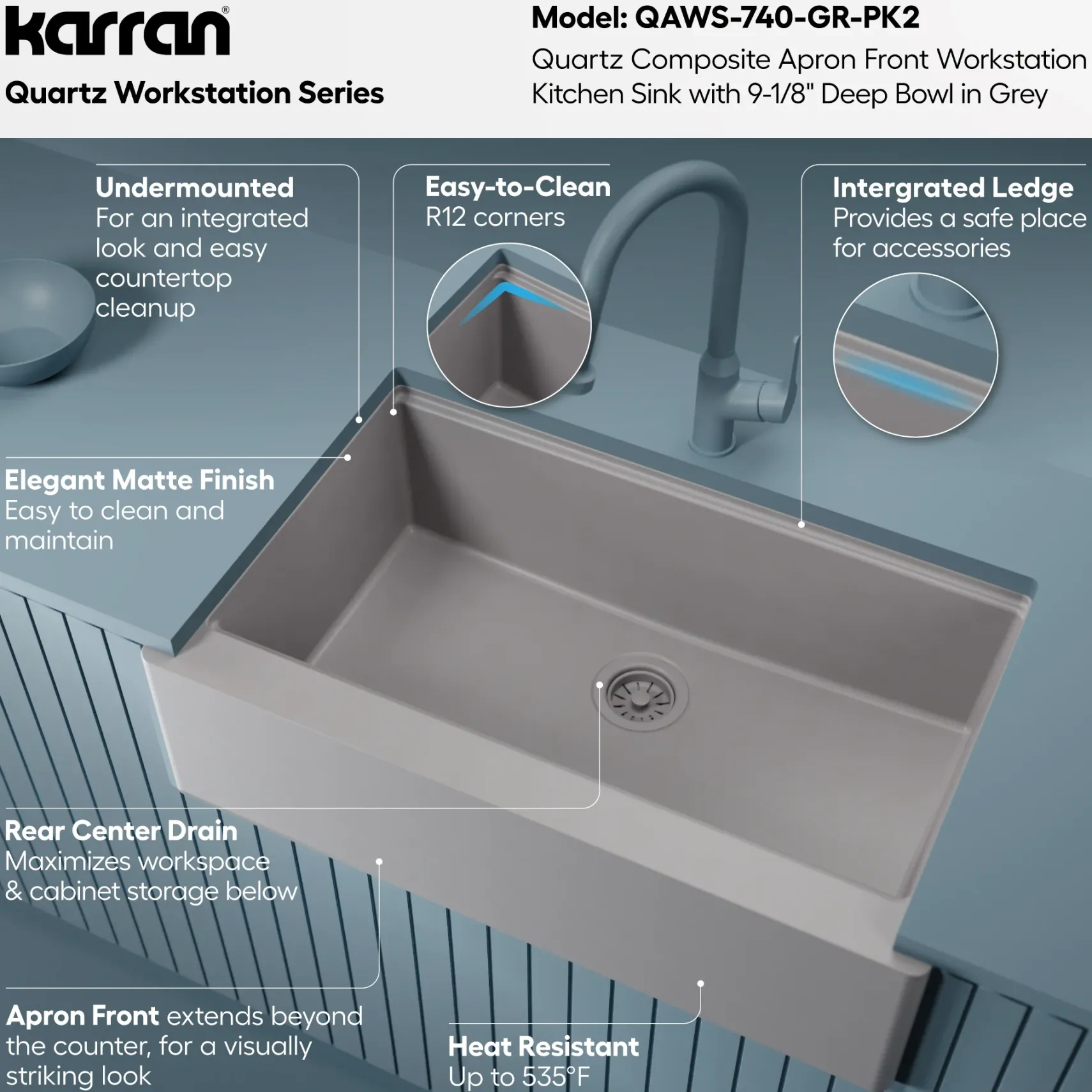 Karran 34" Quartz Composite Workstation Farmhouse Sink, Grey, QAWS-740-GR-PK2