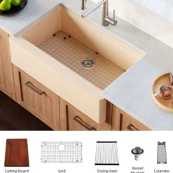Karran 34" Quartz Composite Workstation Farmhouse Sink with Accessories, Bisque, QAWS-740-BI