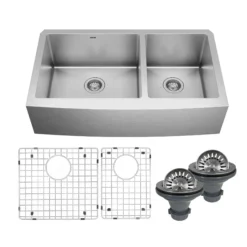 Karran 36" Stainless Steel Farmhouse Sink with Accessories, 60/40 Double Bowl, 16 Gauge, EL-87-PK1