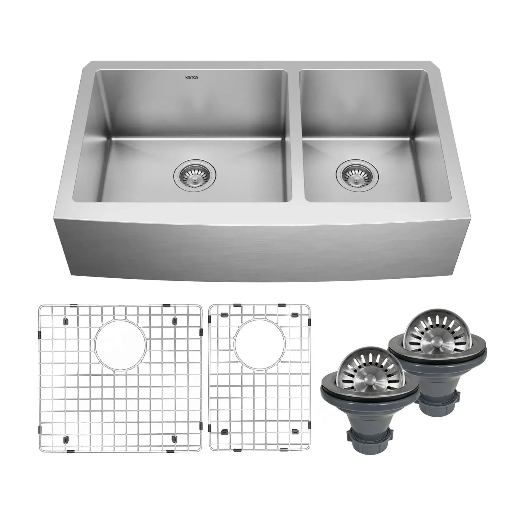 Karran 36" Stainless Steel Farmhouse Sink with Accessories, 60/40 Double Bowl, 16 Gauge, EL-87-PK1