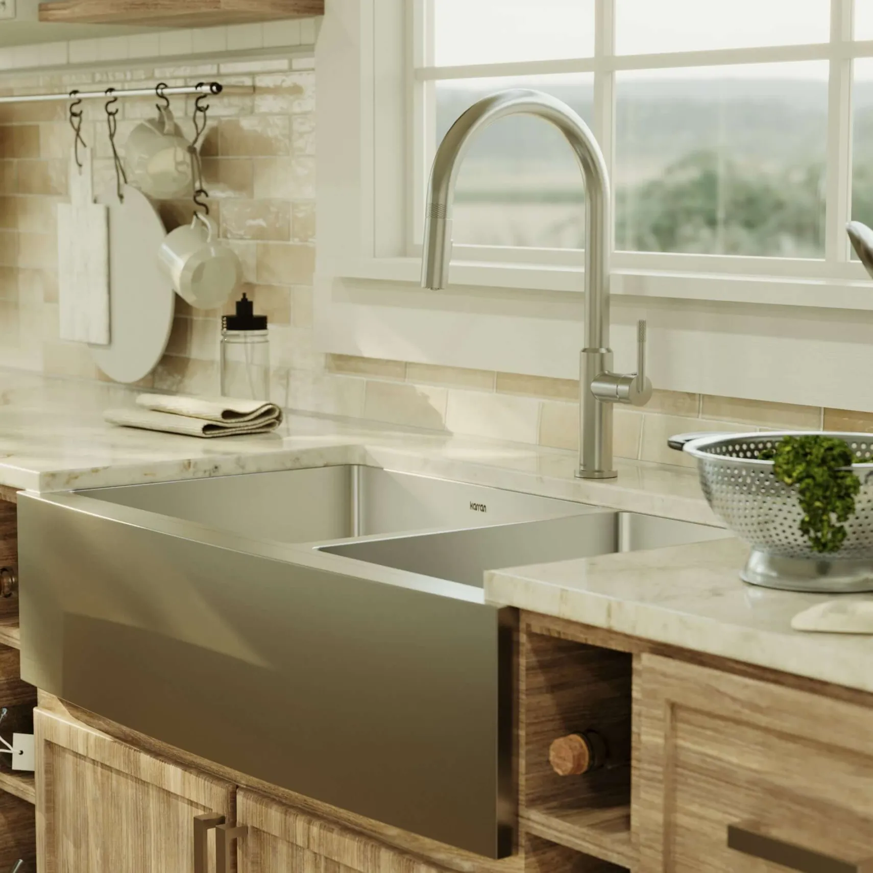 Karran 36" Stainless Steel Farmhouse Sink with Accessories, 60/40 Double Bowl, 16 Gauge, EL-87-PK1