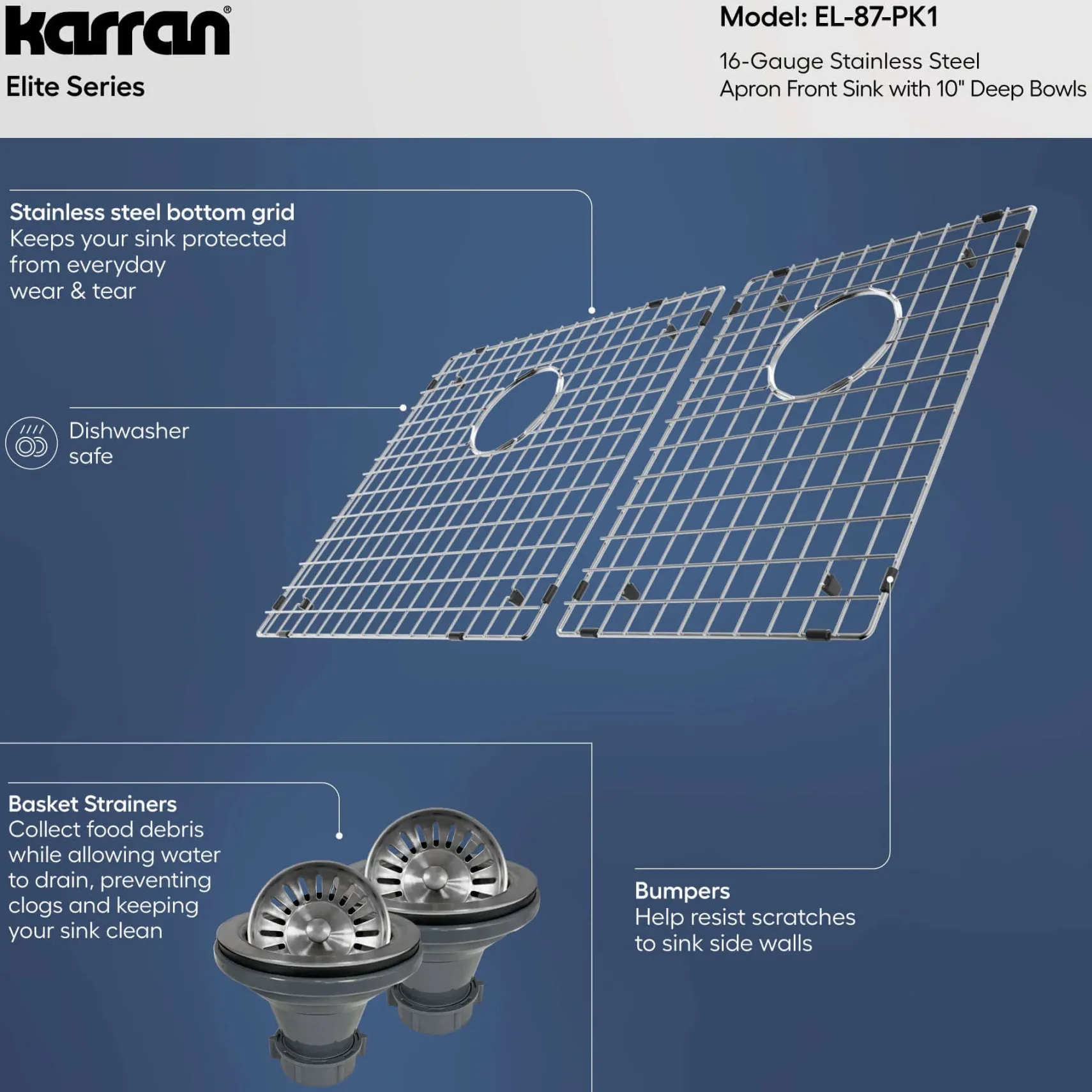 Karran 36" Stainless Steel Farmhouse Sink with Accessories, 60/40 Double Bowl, 16 Gauge, EL-87-PK1