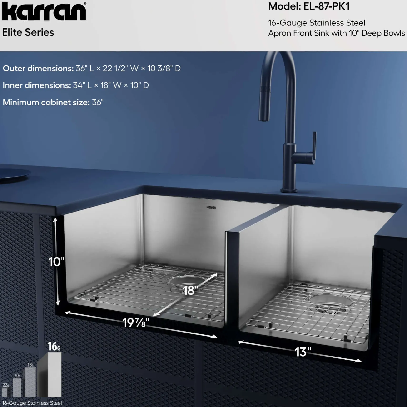 Karran 36" Stainless Steel Farmhouse Sink with Accessories, 60/40 Double Bowl, 16 Gauge, EL-87-PK1