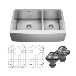 Karran 33" Stainless Steel Farmhouse Sink with Accessories, 60/40 Double Bowl, 16 Gauge, EL-86-PK1