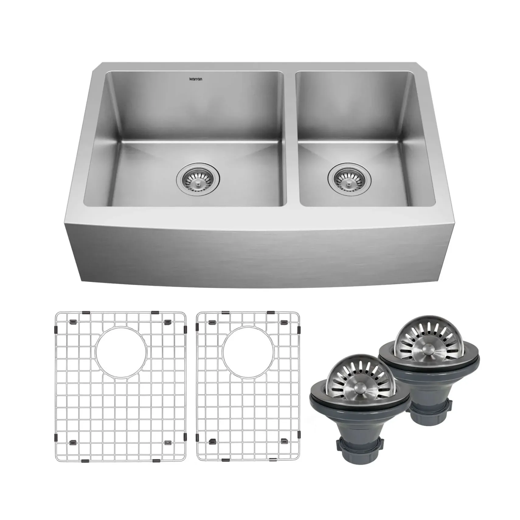 Karran 33" Stainless Steel Farmhouse Sink with Accessories, 60/40 Double Bowl, 16 Gauge, EL-86-PK1