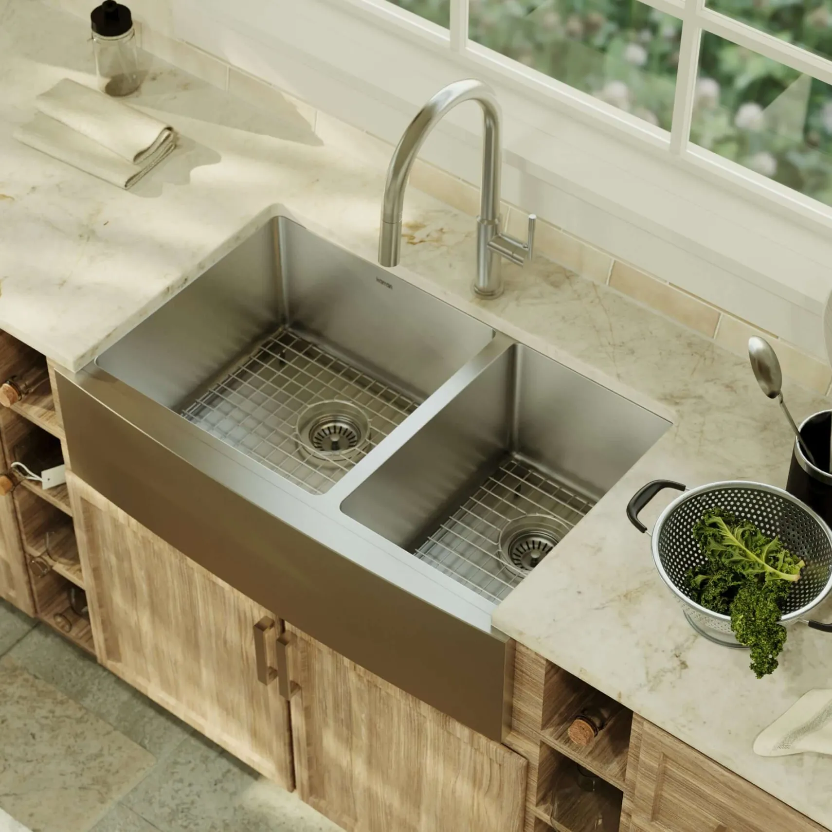 Karran 33" Stainless Steel Farmhouse Sink with Accessories, 60/40 Double Bowl, 16 Gauge, EL-86-PK1