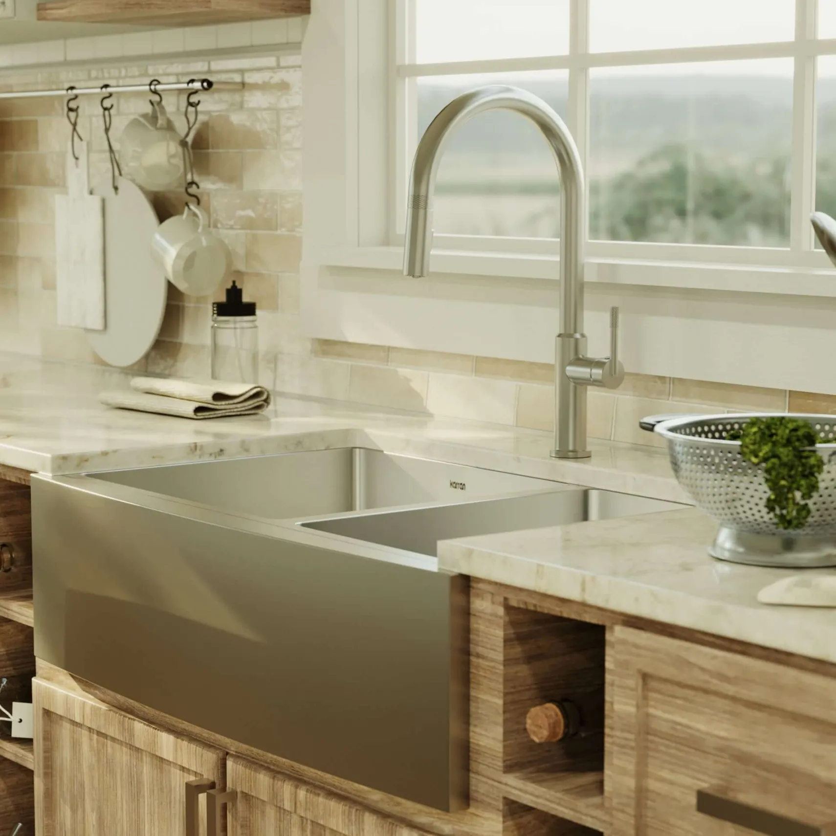 Karran 33" Stainless Steel Farmhouse Sink with Accessories, 60/40 Double Bowl, 16 Gauge, EL-86-PK1