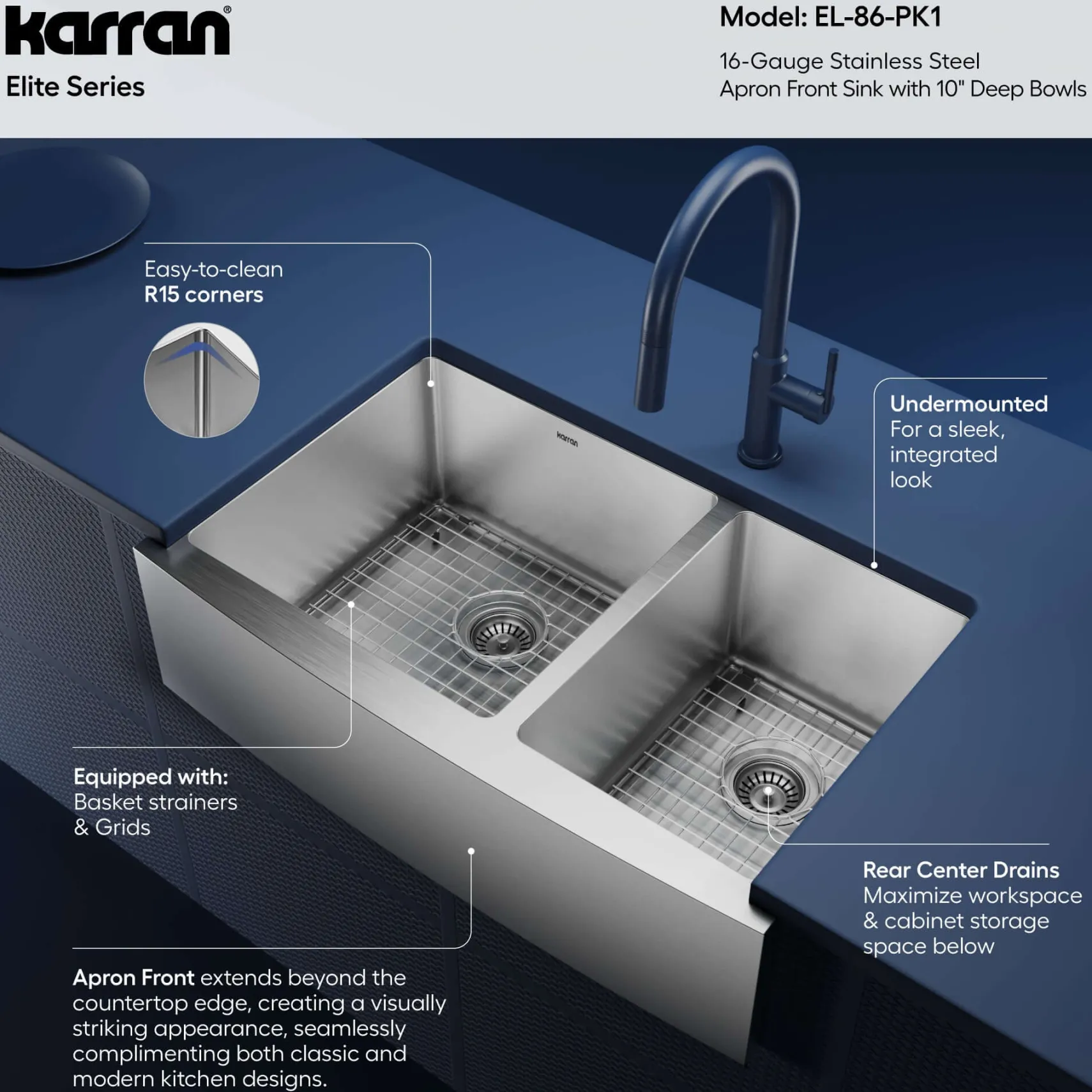 Karran 33" Stainless Steel Farmhouse Sink with Accessories, 60/40 Double Bowl, 16 Gauge, EL-86-PK1
