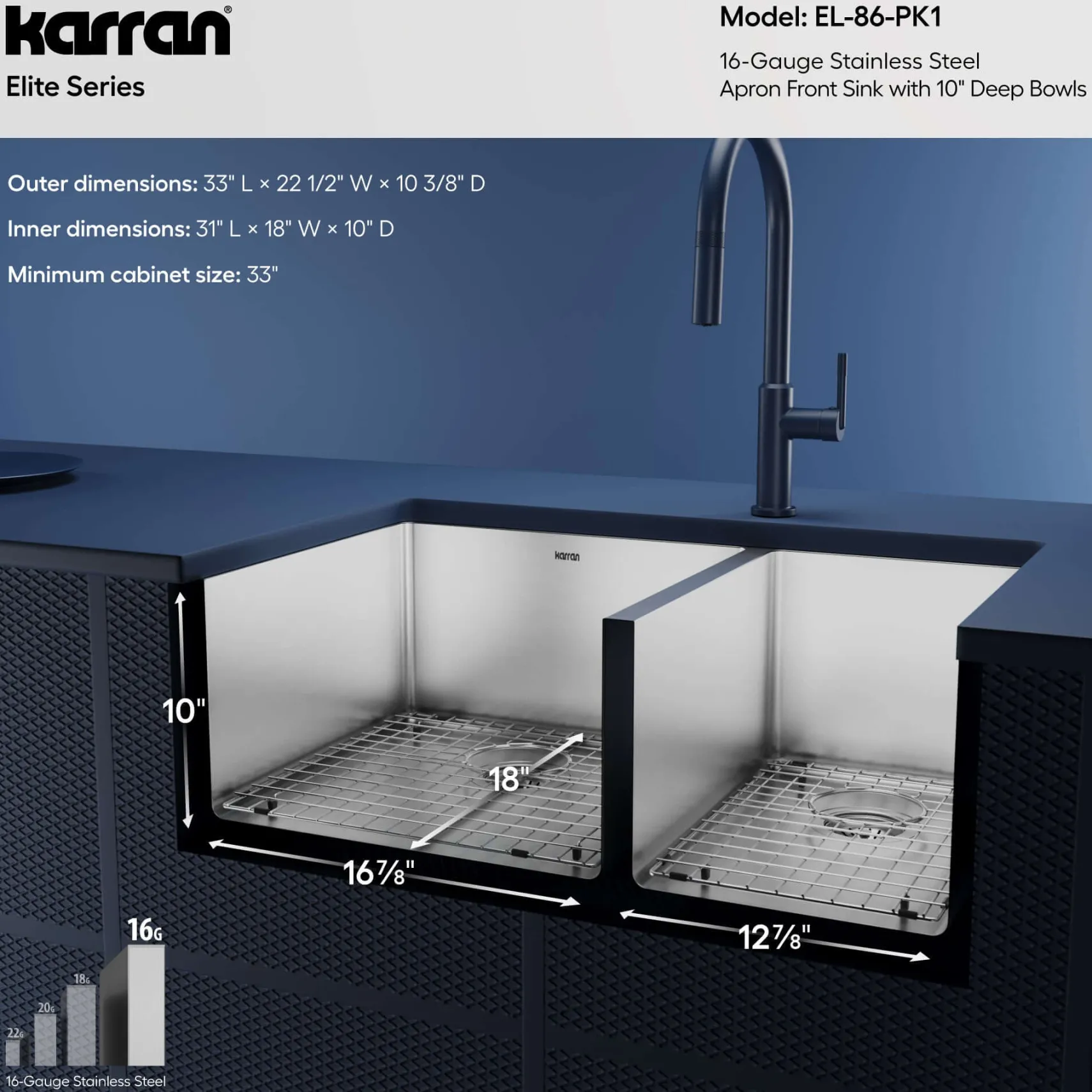 Karran 33" Stainless Steel Farmhouse Sink with Accessories, 60/40 Double Bowl, 16 Gauge, EL-86-PK1