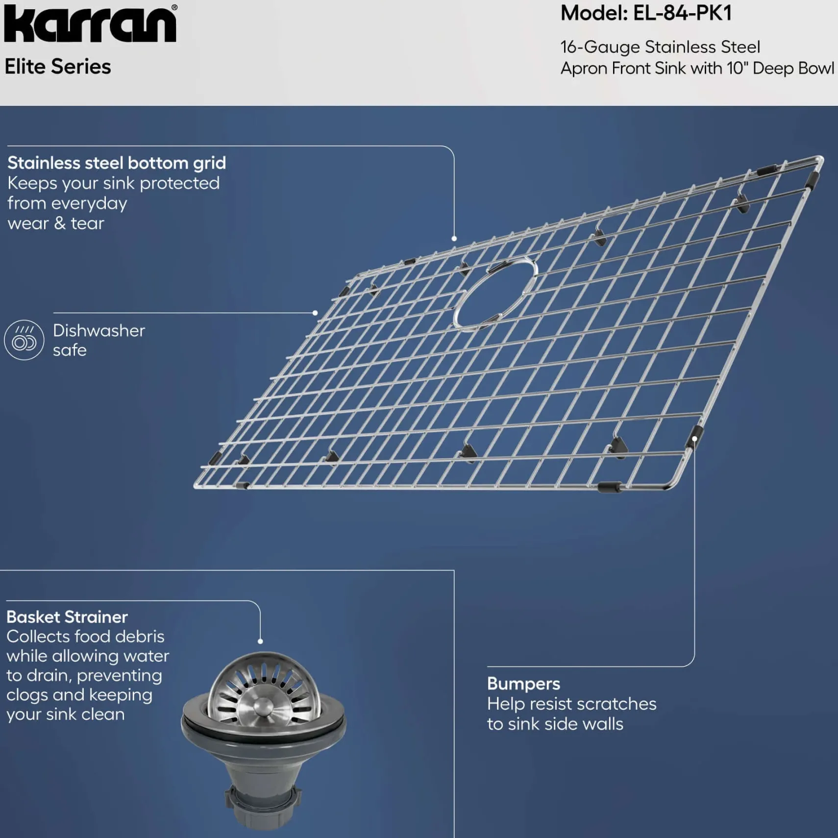 Karran 33" Stainless Steel Farmhouse Sink, 16 Gauge, EL-84-PK1