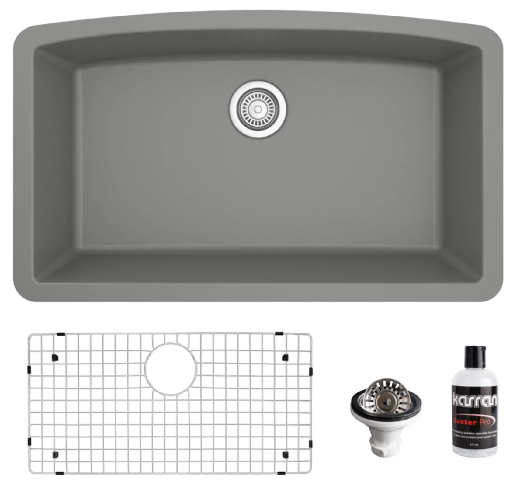 Karran 32" Undermount Quartz Composite Kitchen Sink, Grey, QU-712-GR-PK1