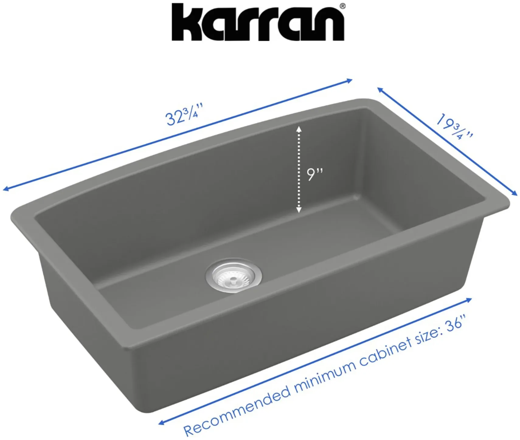 Karran 32" Undermount Quartz Composite Kitchen Sink, Grey, QU-712-GR-PK1