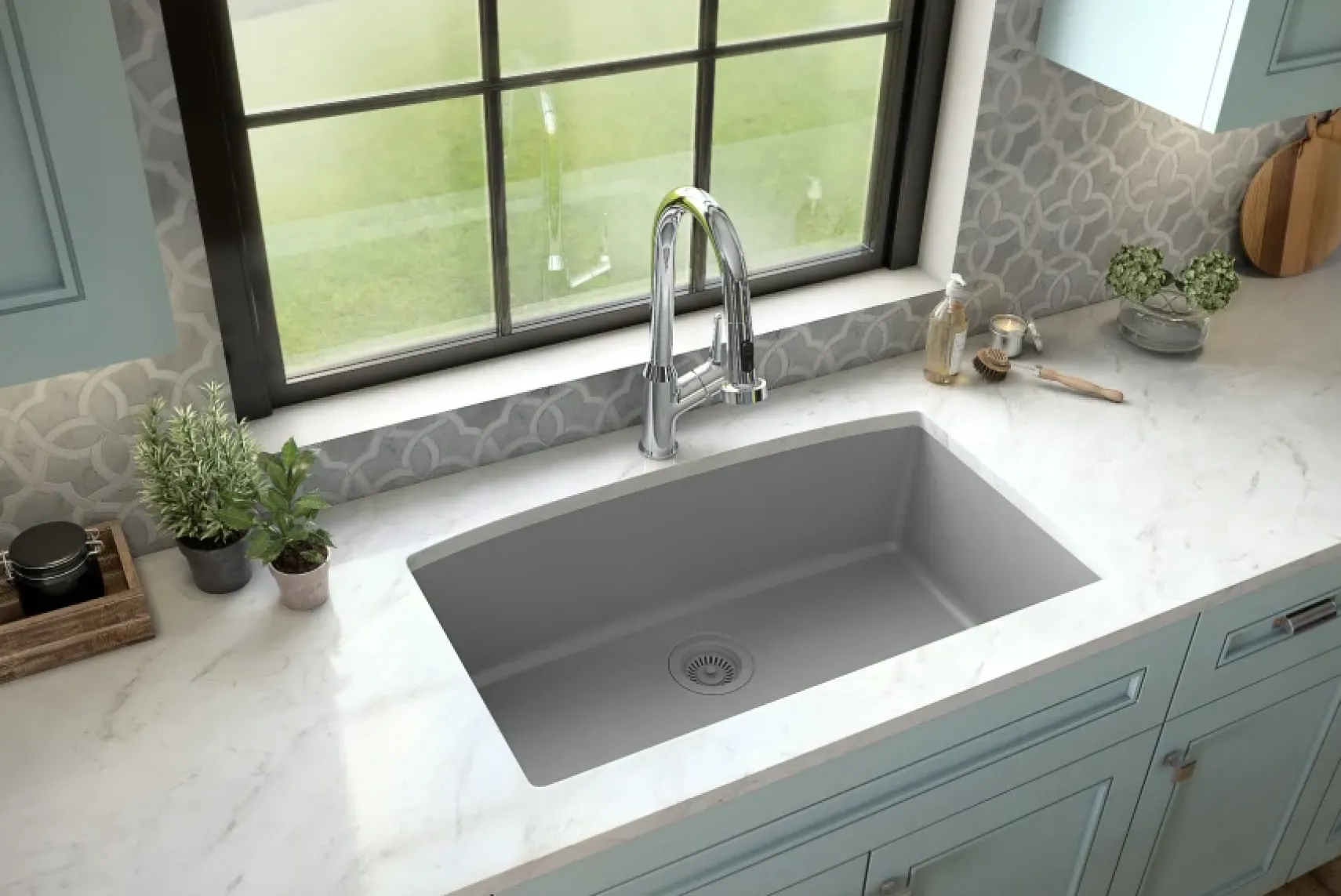 Karran 32" Undermount Quartz Composite Kitchen Sink, Grey, QU-712-GR-PK1