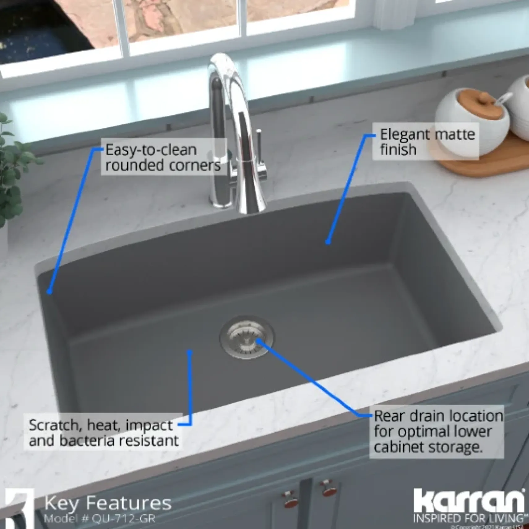 Karran 32" Undermount Quartz Composite Kitchen Sink, Grey, QU-712-GR-PK1