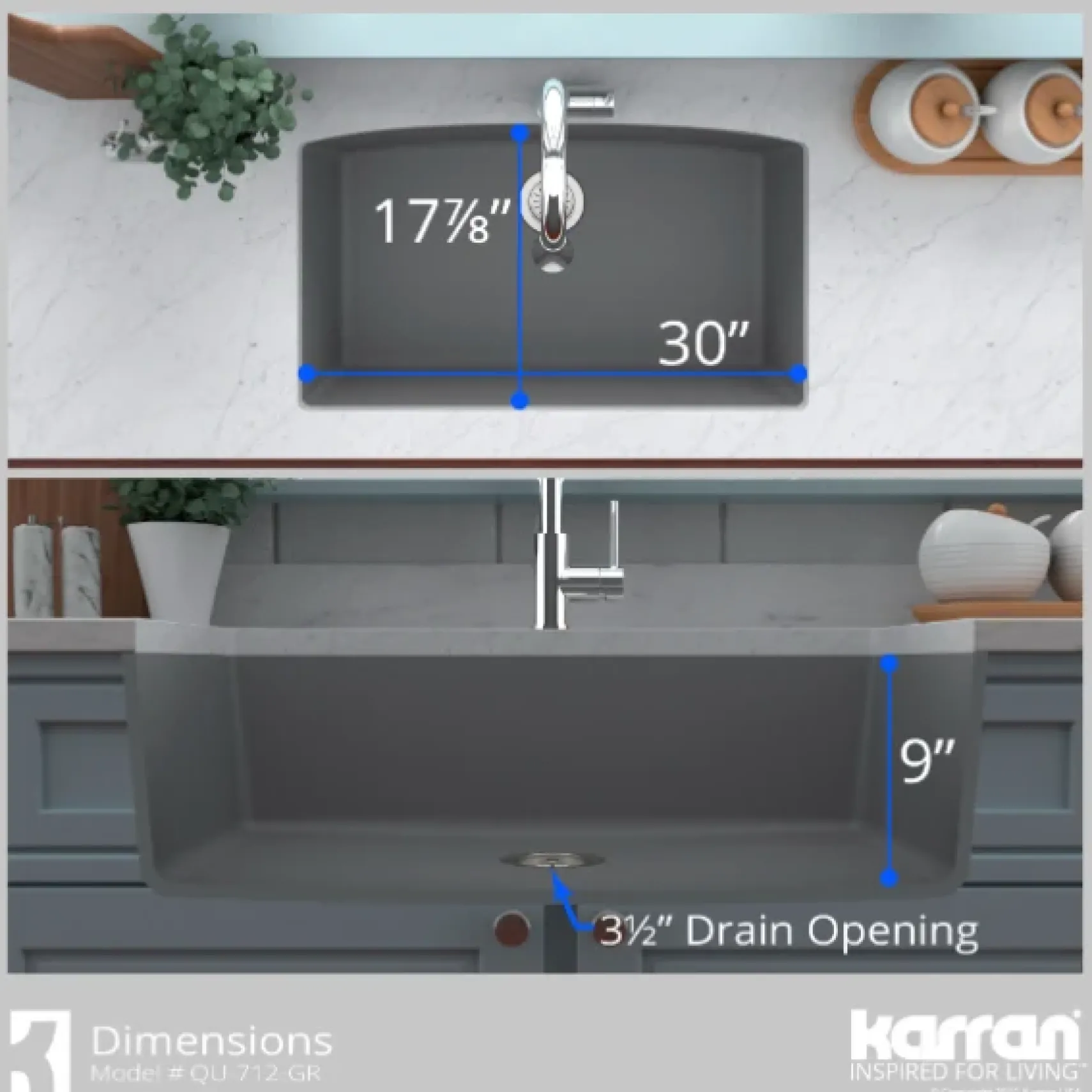 Karran 32" Undermount Quartz Composite Kitchen Sink, Grey, QU-712-GR-PK1