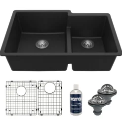 Karran 32" Undermount Quartz Composite Kitchen Sink with Accessories, 60/40 Double Bowl, Black, QU-811-BL-PK1