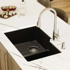 Karran 32" Undermount Quartz Composite Kitchen Sink with Accessories, 60/40 Double Bowl, Black, QU-811-BL-PK1