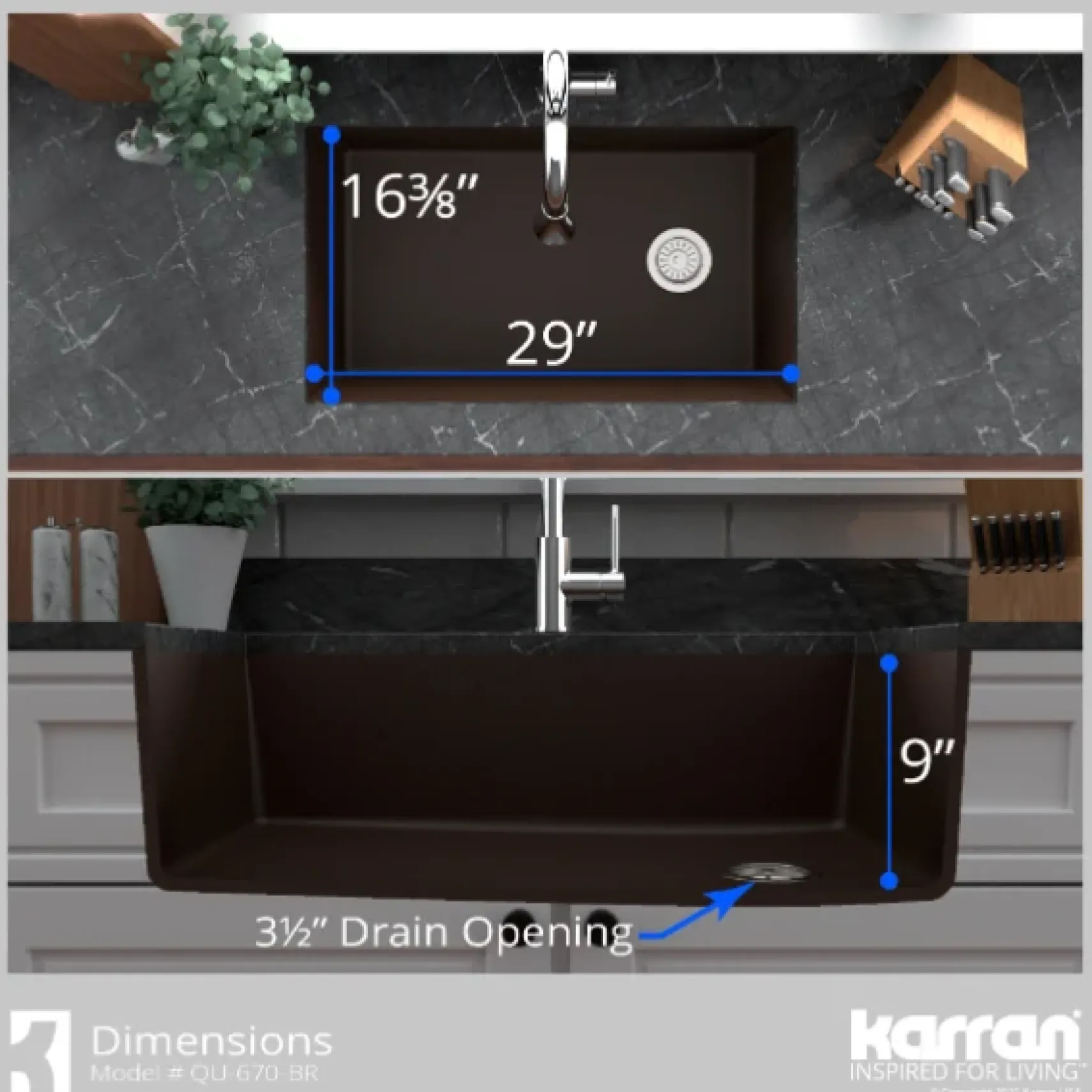 Karran 32" Undermount Quartz Composite Kitchen Sink, Brown, QU-670-BR-PK1