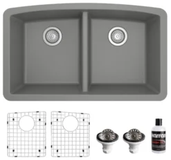 Karran 33" Undermount Quartz Composite Kitchen Sink, 50/50 Double Bowl, Grey, QU-710-GR-PK1