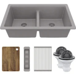 Karran 32" Undermount Quartz Composite Workstation Kitchen Sink, 50/50 Double Bowl, Grey, QUWS-880-GR-PK2