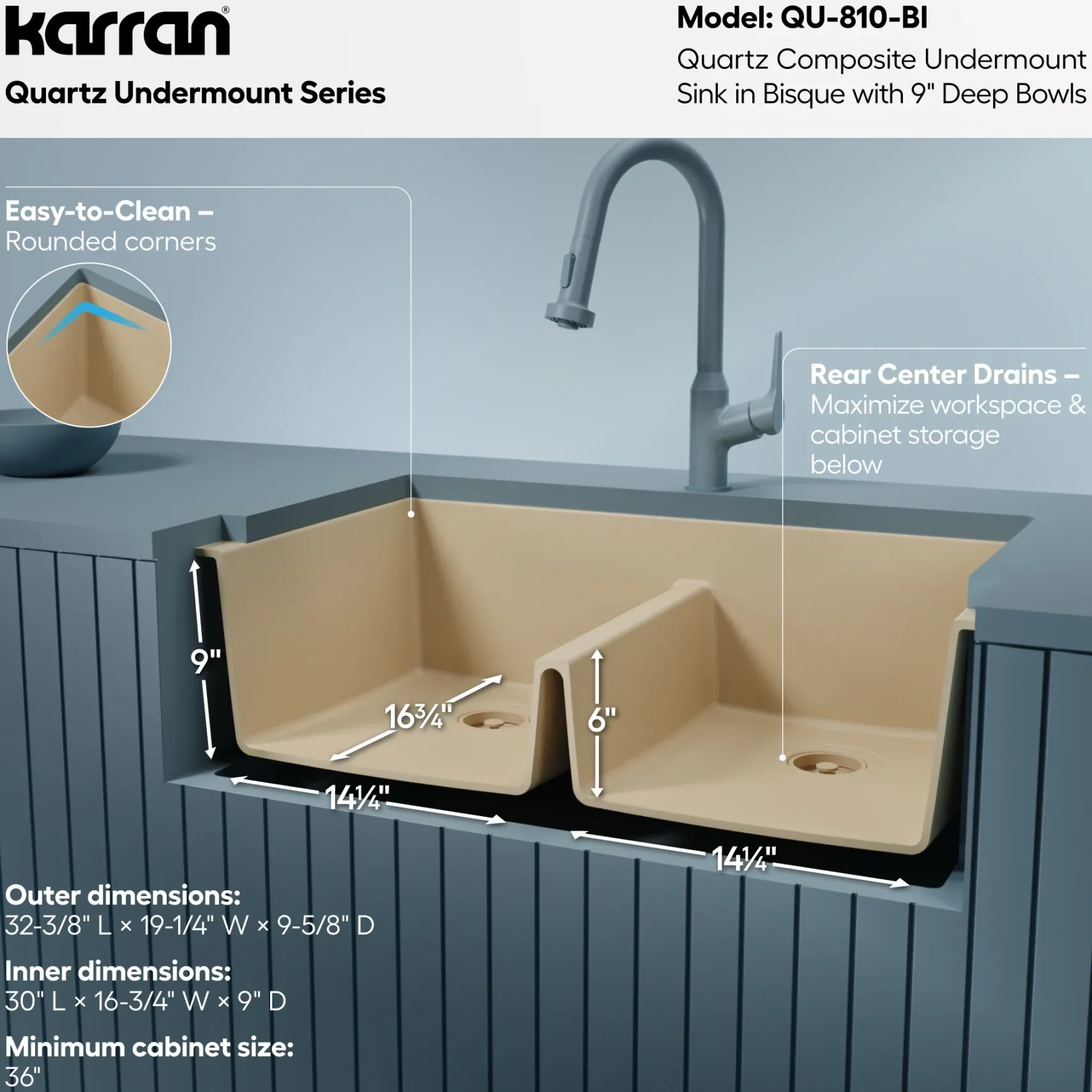 Karran 32" Undermount Quartz Composite Kitchen Sink, 50/50 Double Bowl, Bisque, QU-810-BI
