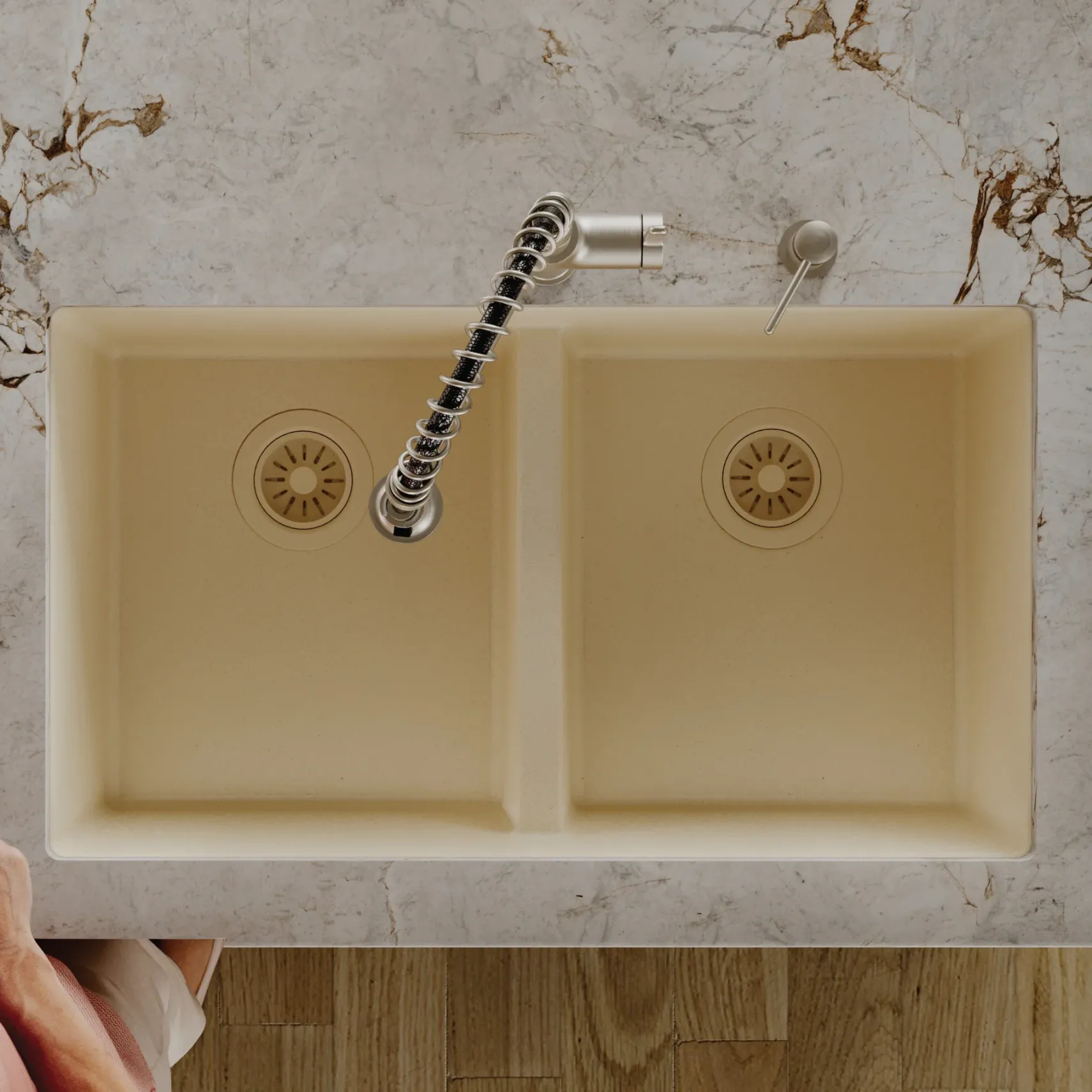 Karran 32" Undermount Quartz Composite Kitchen Sink, 50/50 Double Bowl, Bisque, QU-810-BI