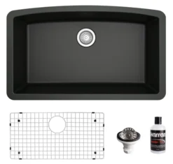 Karran 32" Undermount Quartz Composite Kitchen Sink, Black, QU-712-BL-PK1