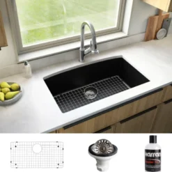 Karran 32" Undermount Quartz Composite Kitchen Sink, Black, QU-712-BL-PK1