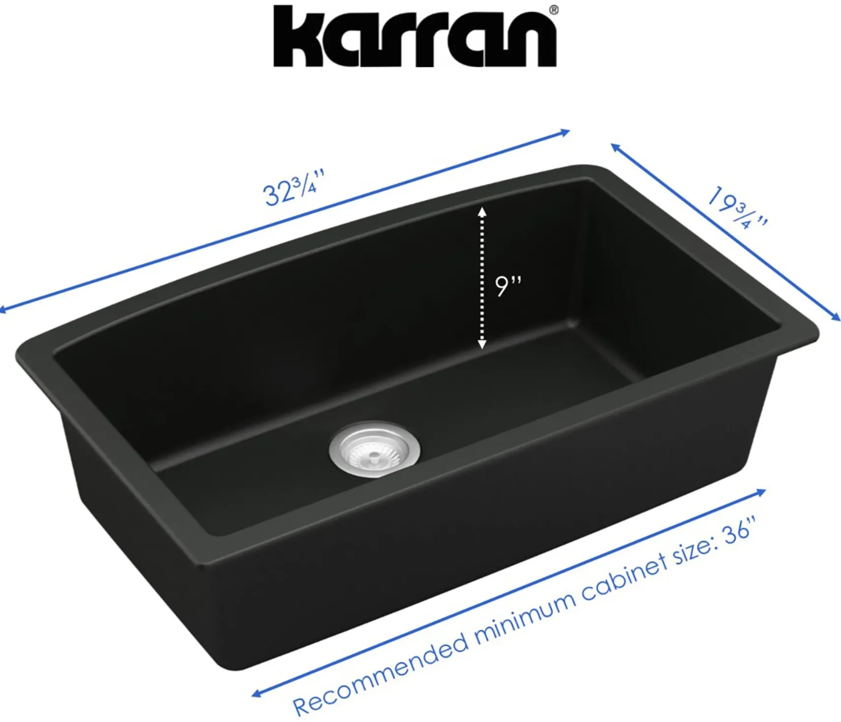 Karran 32" Undermount Quartz Composite Kitchen Sink, Black, QU-712-BL-PK1