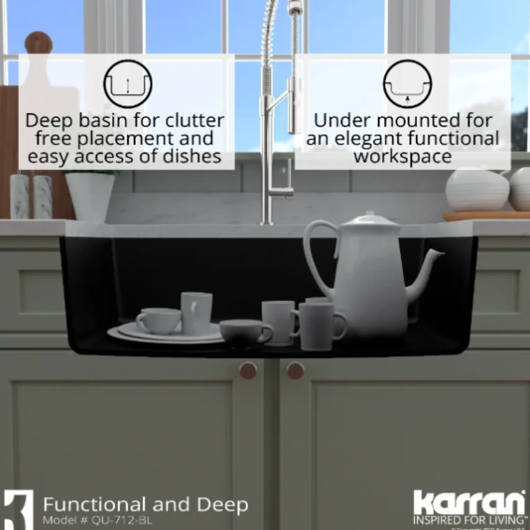 Karran 32" Undermount Quartz Composite Kitchen Sink, Black, QU-712-BL-PK1