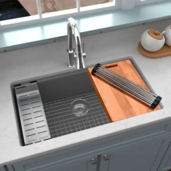 Karran 33" Undermount Quartz Composite Workstation Kitchen Sink with Accessories, Grey, QUWS-875-GR