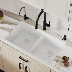 Karran 32" Undermount Quartz Composite Kitchen Sink, 50/50 Double Bowl, White, QU-810-WH