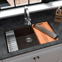 Karran 33" Undermount Quartz Composite Workstation Kitchen Sink with Accessories, Brown, QUWS-875-BR