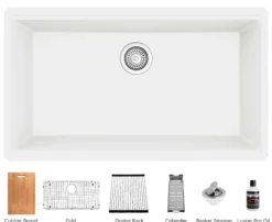 Karran 33" Undermount Quartz Composite Workstation Kitchen Sink with Accessories, White, QUWS-875-WH