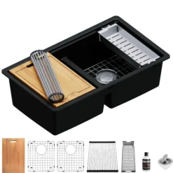 Karran 33" Undermount Quartz Composite Kitchen Sink, 50/50 Double Bowl, Black, QUWS-880-BL