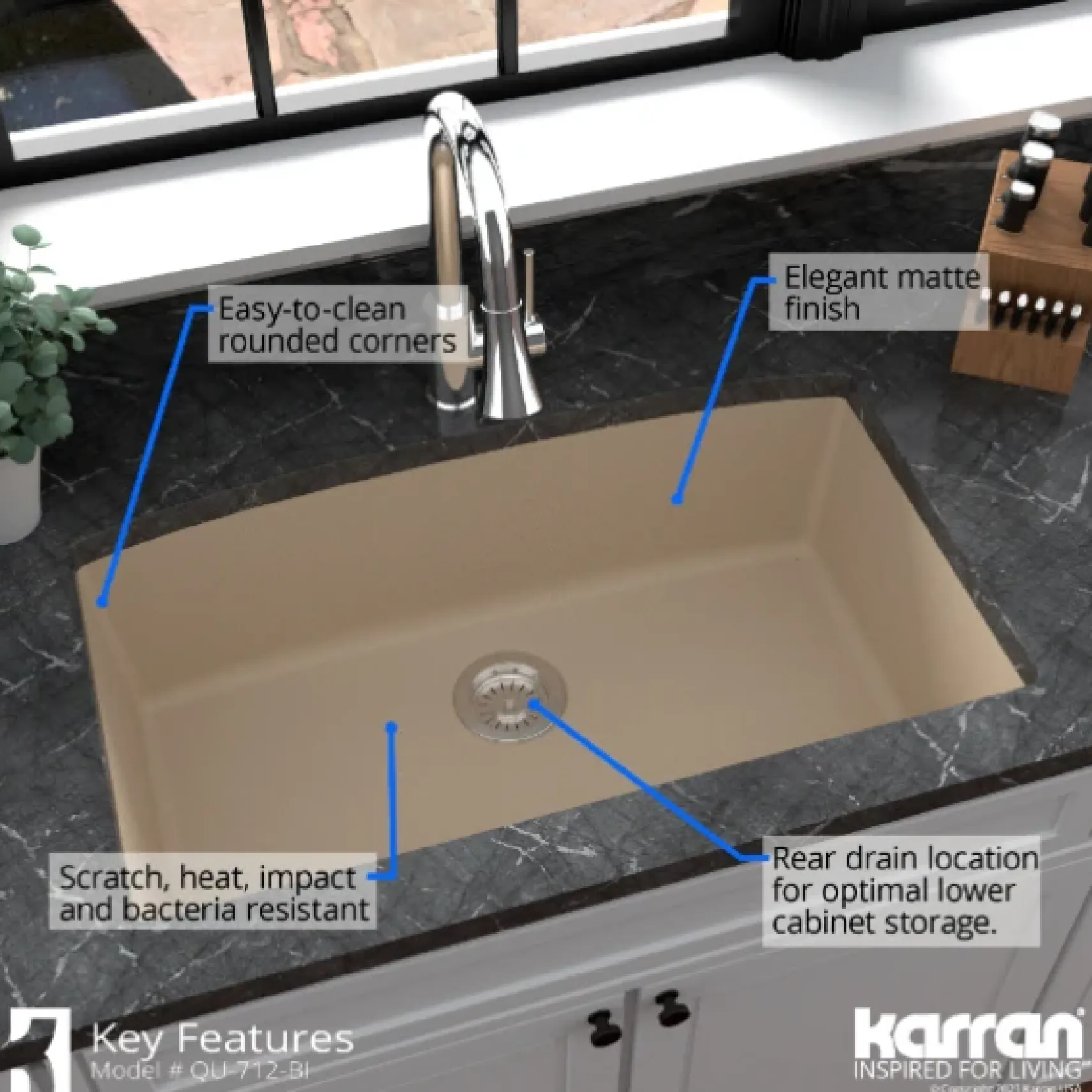 Karran 33" Undermount Quartz Composite Kitchen Sink, Bisque, QU-712-BI